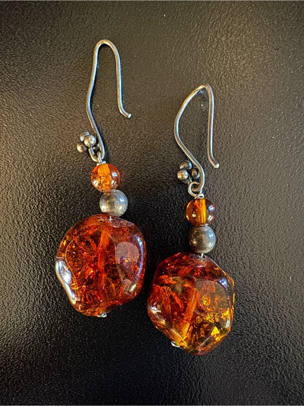 Sterling Silver Cognac Amber Nugget Dangle Earrings